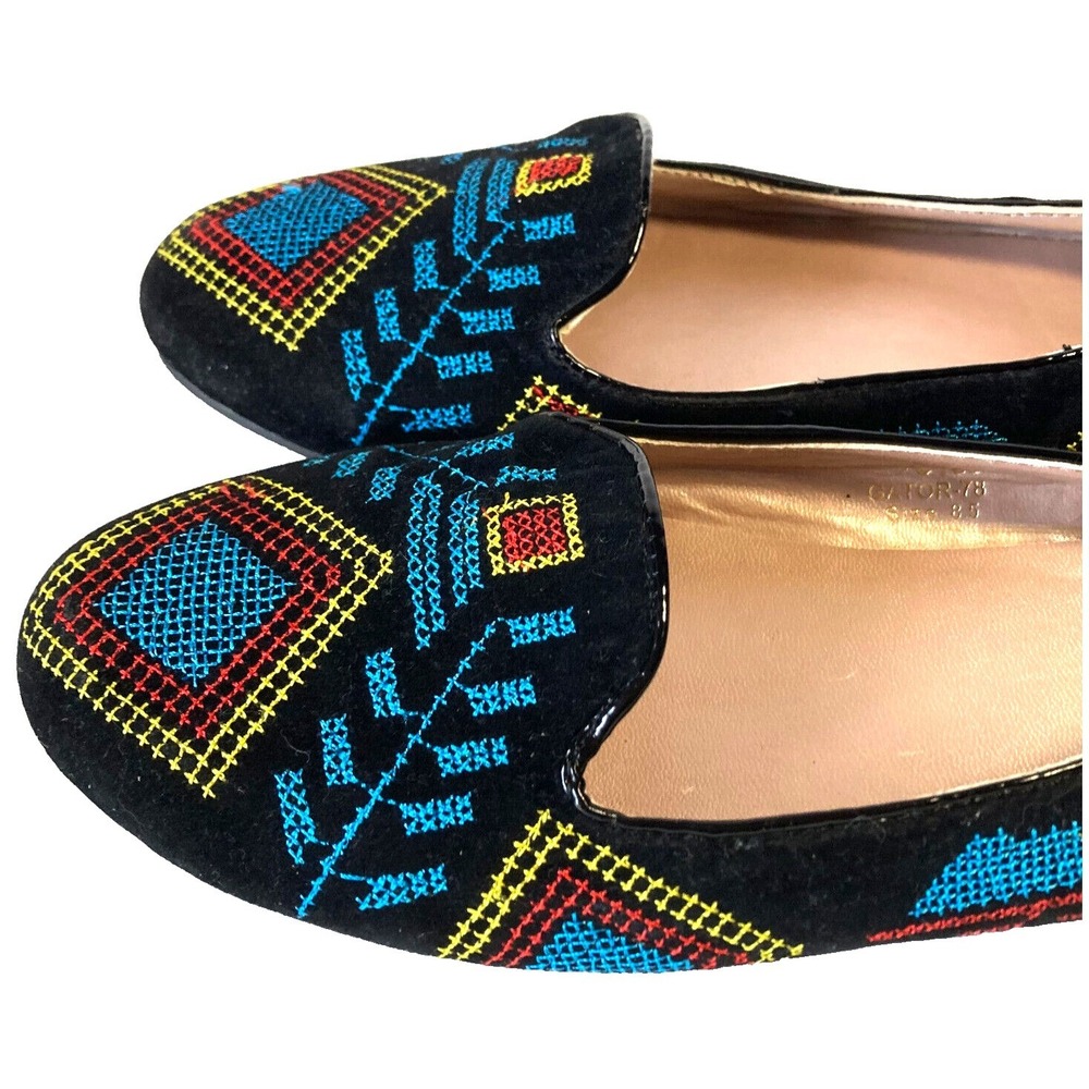 Yoki Gator Velvet Cross Stitch Embroidered Smoking Loafer Rainbow 78 Womens 8.5